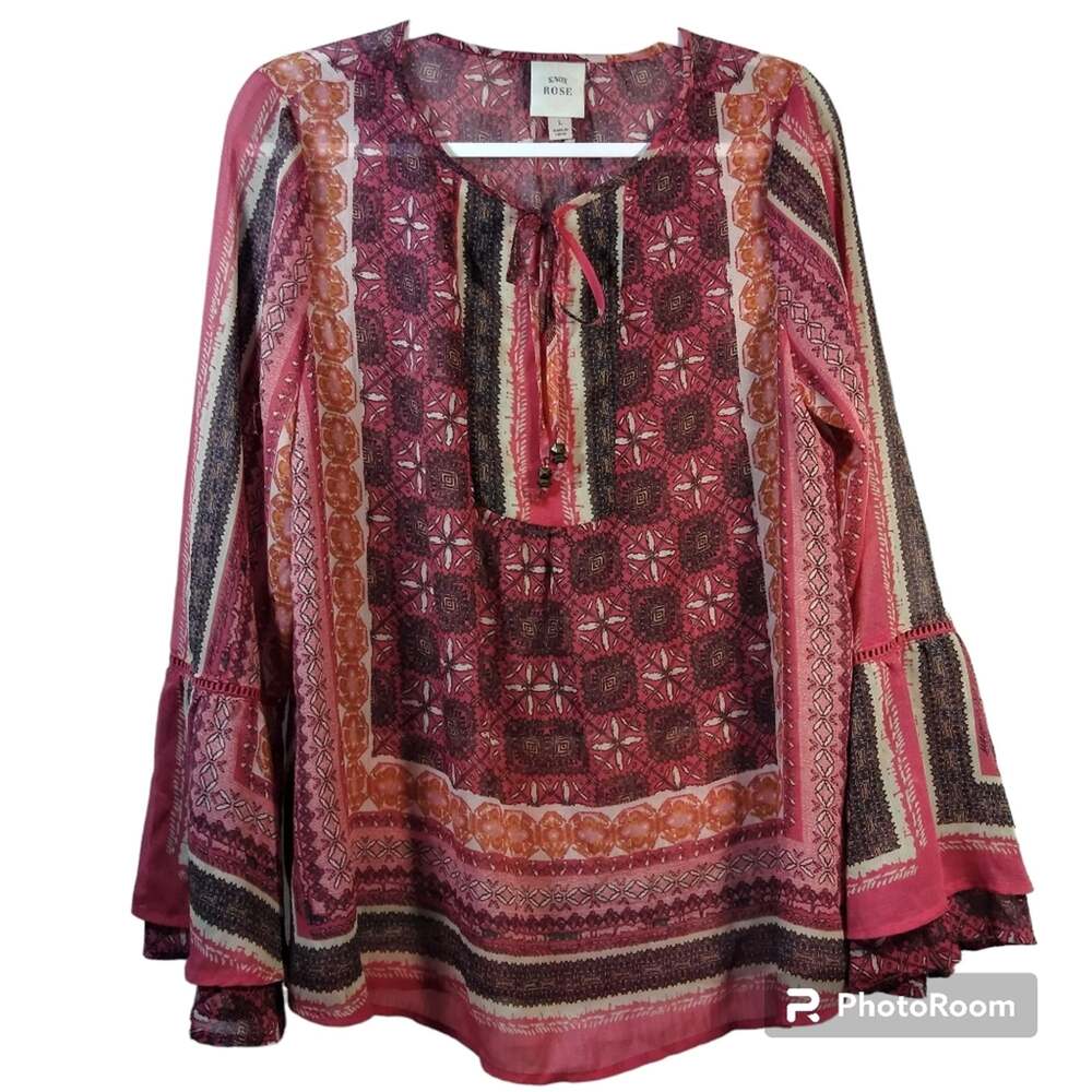 Knox Rose Boho Peasant Sheer Bell Sleeve Blouse Top Size L